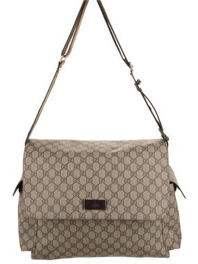 Authentic Gucci Beige Monogram Flap Shoulder Bag with Brown Leather Trim